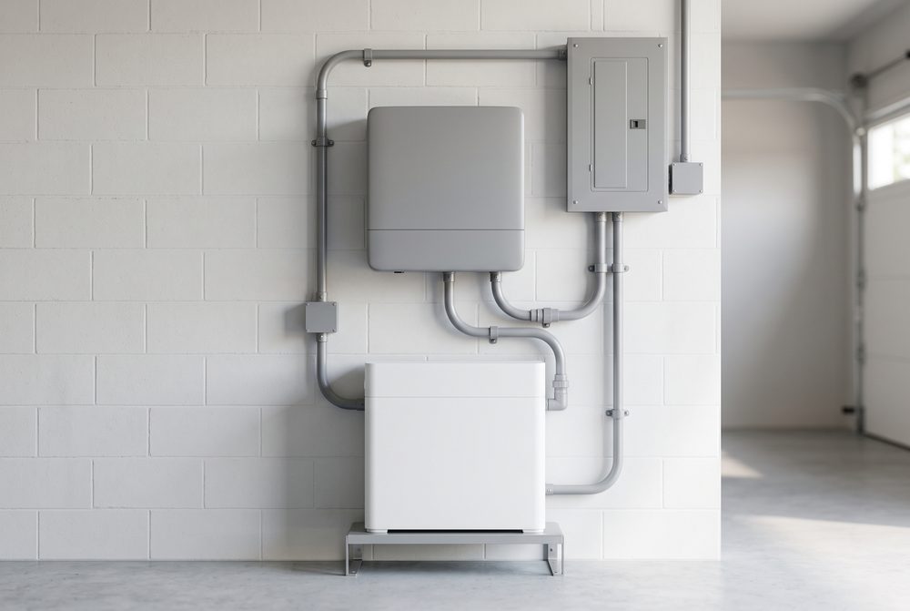 Home battery and inverter neatly installed on a garage wall
