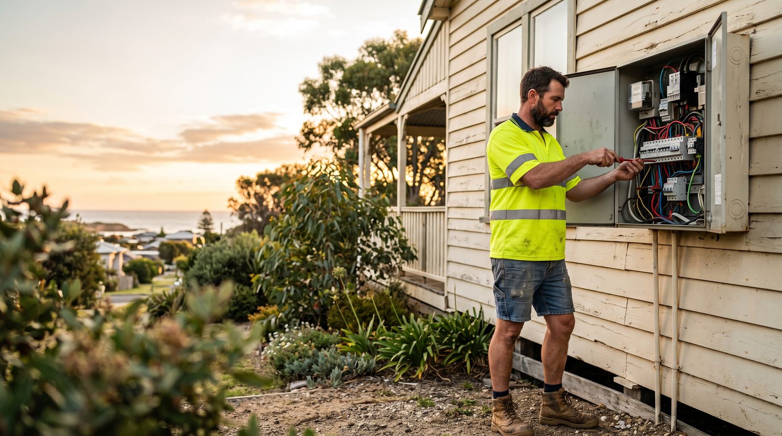Electrician at an open switchboard on a weatherboard house