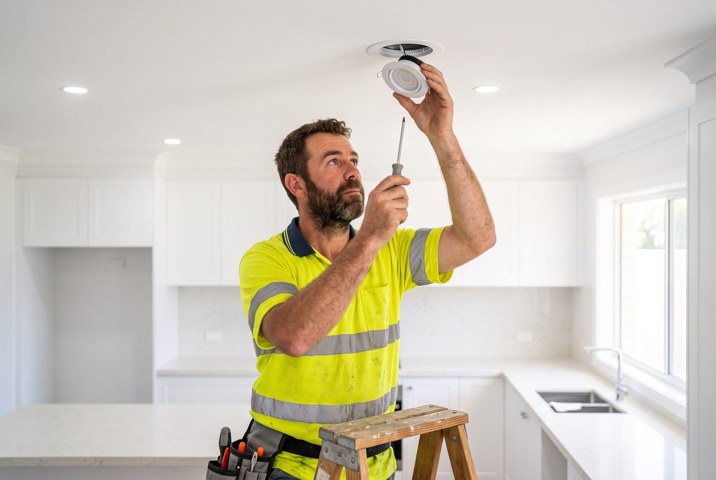 Electrician fitting LED downlights in a bright new kitchen ceiling