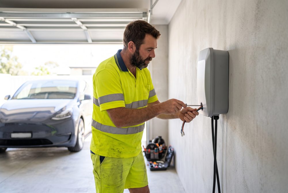 EV wall charger being fitted in a clean garage