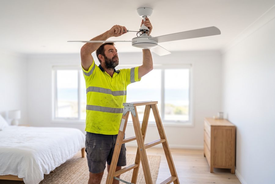 Electrician hanging a ceiling fan in a beachy bedroom