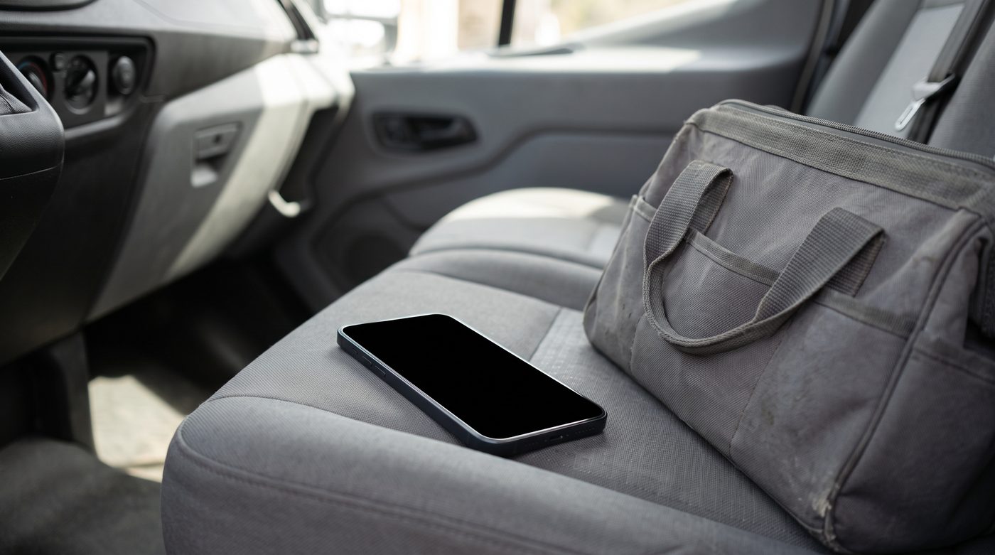 Ben's phone on the passenger seat of the work van, lighting up with a text from Tidewire Electrical