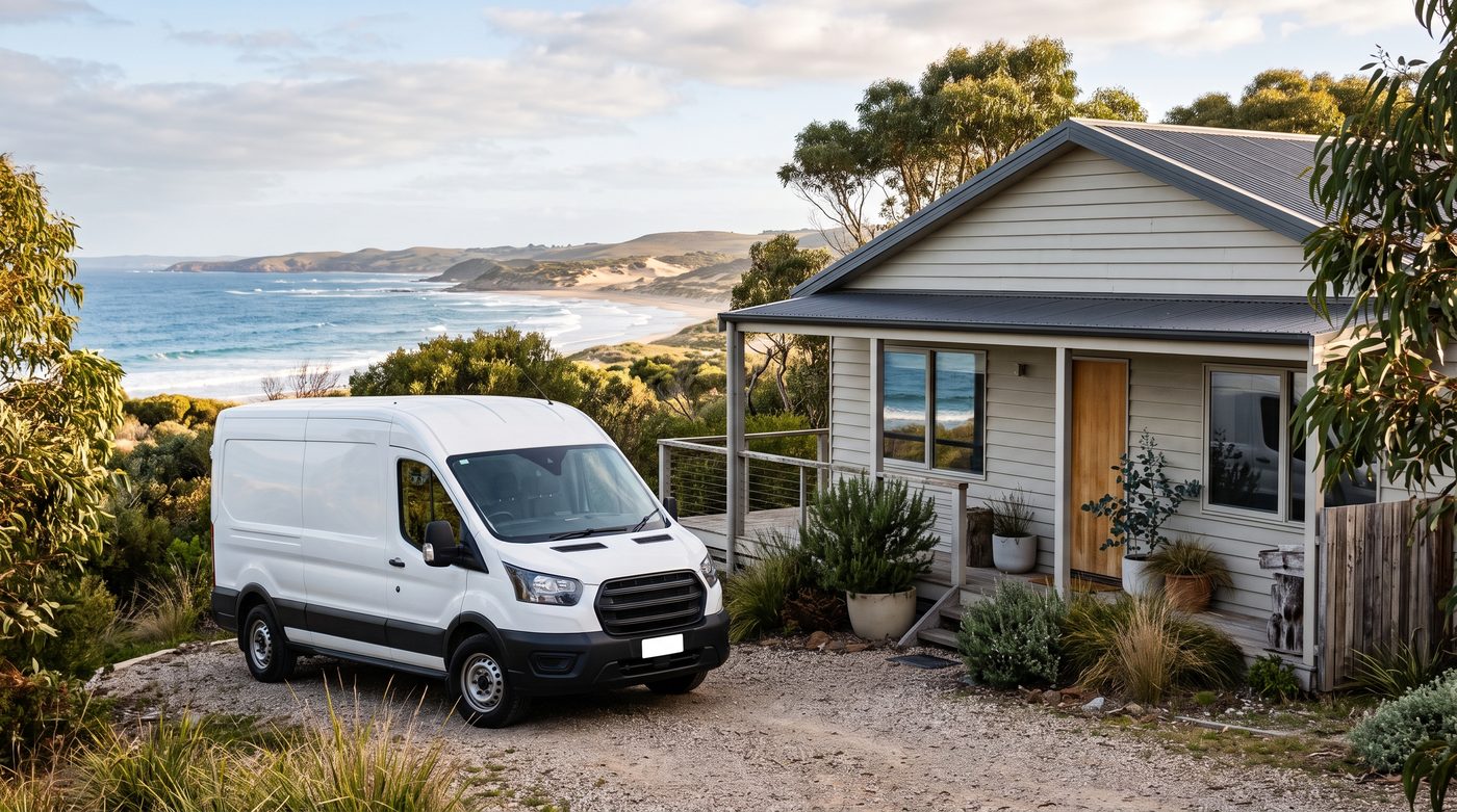 White work van parked outside a coastal home